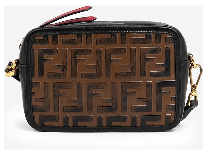Fendi Mini borsa a tracolla Camera Case in pelle goffrata FF nera e marrone - vista 3