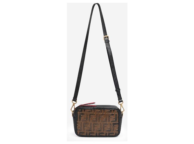 Fendi Mini borsa a tracolla Camera Case in pelle goffrata FF nera e marrone - vista 4