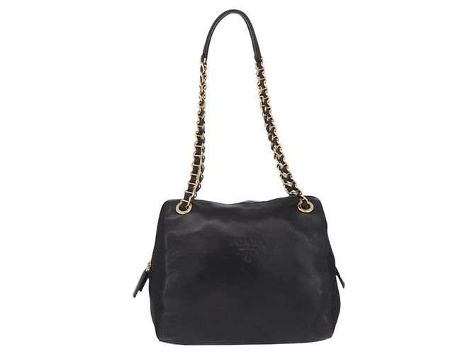 PRADA Schultertasche mit Kette aus Leder Schwarz Gold - Ansicht 2