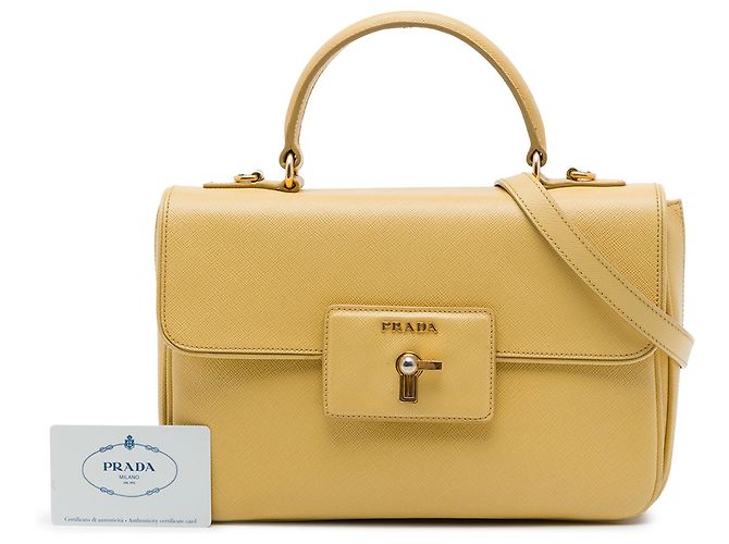 Borsa Prada Yellow Saffiano Lux Top Handle Satchel - vista 7