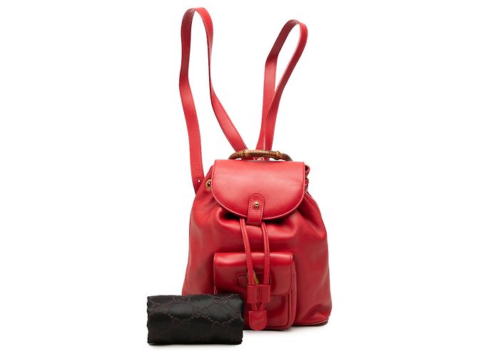 Bamboo Zaino Gucci in pelle di vitello rossa con coulisse e bambù - vista 7