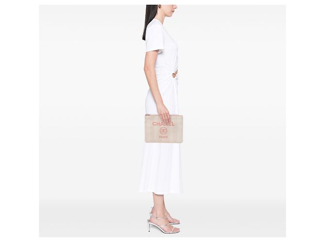 Clutch Chanel Deauville O Case Medium in rafia beige - vista 6