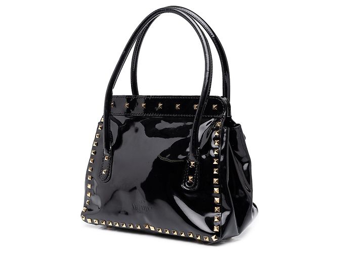 Borsa Tote Valentino Rockstud in vernice nera con doppio manico e patta - vista 2