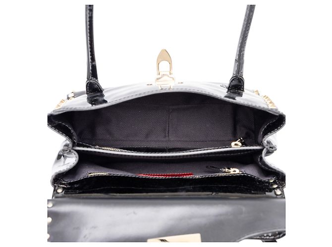 Borsa Tote Valentino Rockstud in vernice nera con doppio manico e patta - vista 4