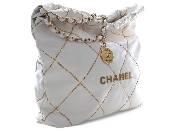 Borsa Chanel 22 Small in vitello lucido matelassé bianco con catena - vista 12