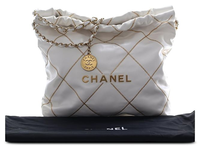 Borsa Chanel 22 Small in vitello lucido matelassé bianco con catena - vista 5