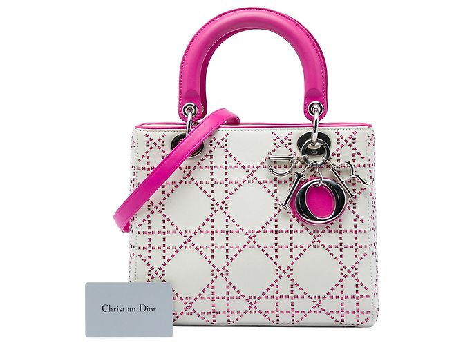 Dior Lady Dior Medium in Pelle di Agnello Cannage Bianca - vista 6
