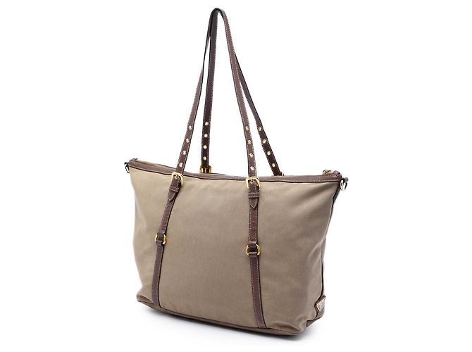 Borsa Satchel Prada in tela Canapa beige con logo - vista 2