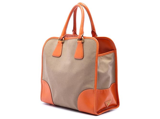 Bolsa Satchel Prada em lona Canapa com logo e acabamento em Saffiano marrom - vista 2