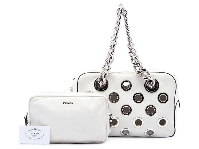 Borsa a tracolla Prada White Vitello Daino con catena e occhielli - vista 7