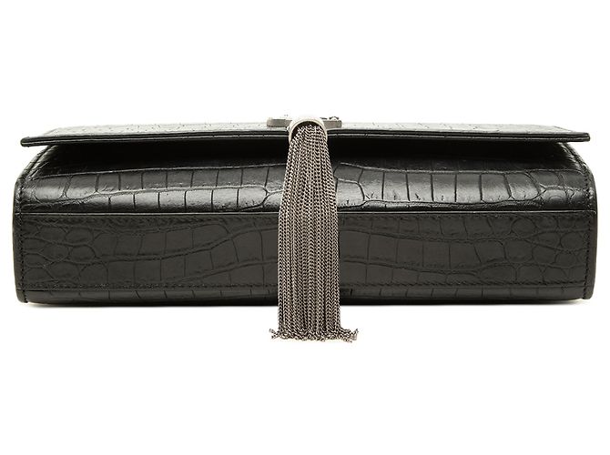 Autre Marque Saint Laurent Black Medium Croc Embossed Leather Monogram Kate Tassel Crossbody - view 3