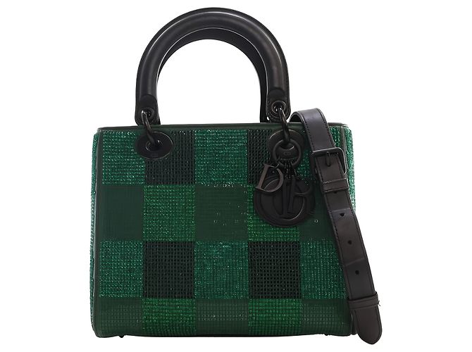 Dior Green Medium Crystal Embellished Calfskin Checkered Lady Dior - vue 11