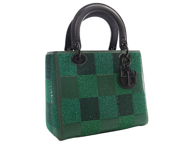 Dior Green Medium Crystal Embellished Calfskin Checkered Lady Dior - vue 12