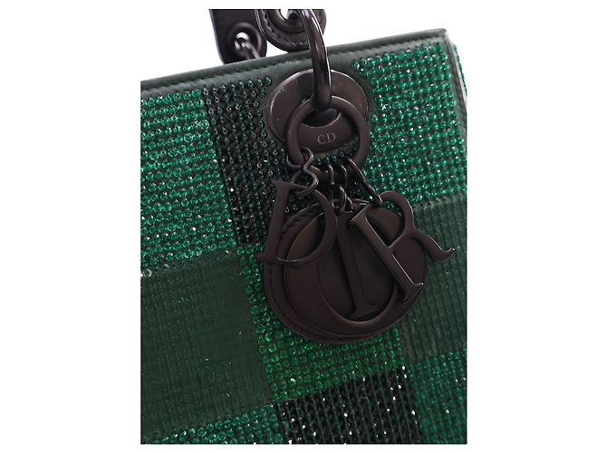 Dior Green Medium Crystal Embellished Calfskin Checkered Lady Dior - vue 5