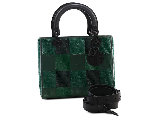 Dior Green Medium Crystal Embellished Calfskin Checkered Lady Dior - vue 6