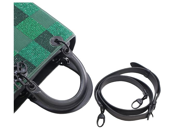 Dior Green Medium Crystal Embellished Calfskin Checkered Lady Dior - vue 7