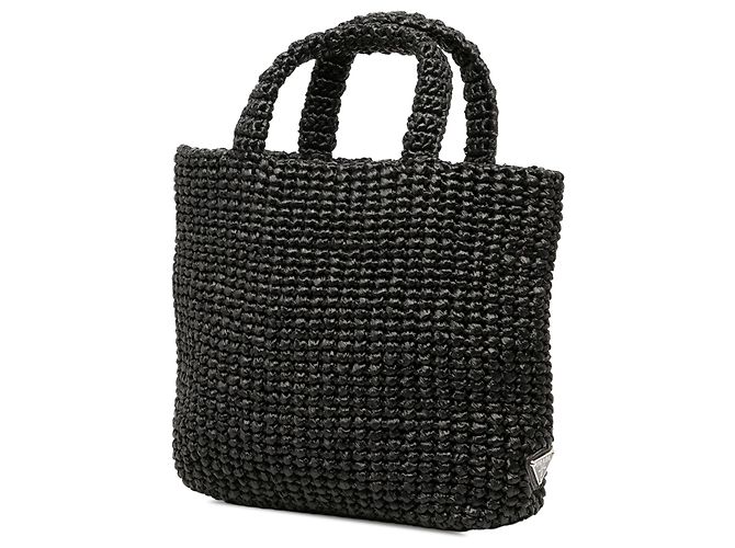 Prada Black Small Raffia Effect Crochet Embroidered Logo Tote - view 2