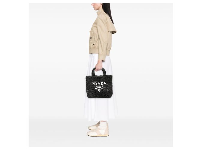 Prada Black Small Raffia Effect Crochet Embroidered Logo Tote - view 5
