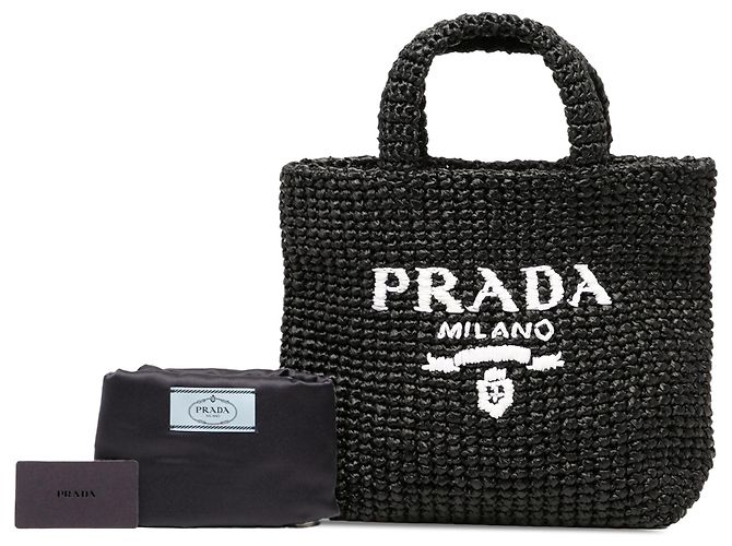 Prada Black Small Raffia Effect Crochet Embroidered Logo Tote - view 6