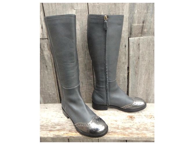 Pollini Grey Leather High Boots with Metallic Toe - view 2