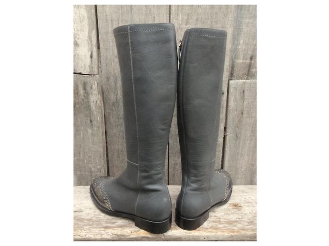 Pollini Grey Leather High Boots with Metallic Toe - view 4