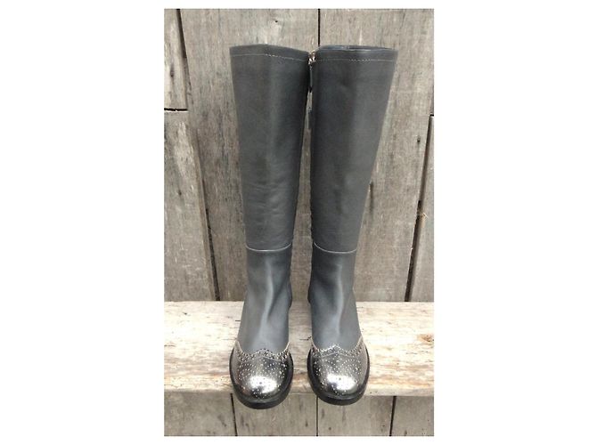 Pollini Grey Leather High Boots with Metallic Toe - view 8