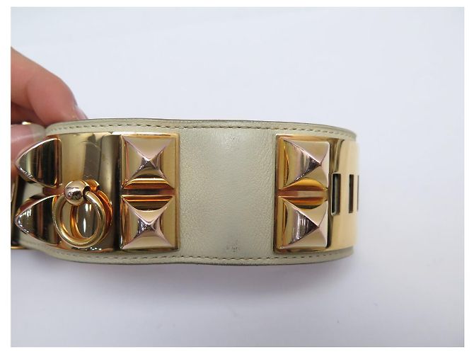 Hermès BRASLETE HERMES COLLIER DE CHIEN S 14-17CM CUERO SWIFT CREME & DORE BANGLE - vista 13