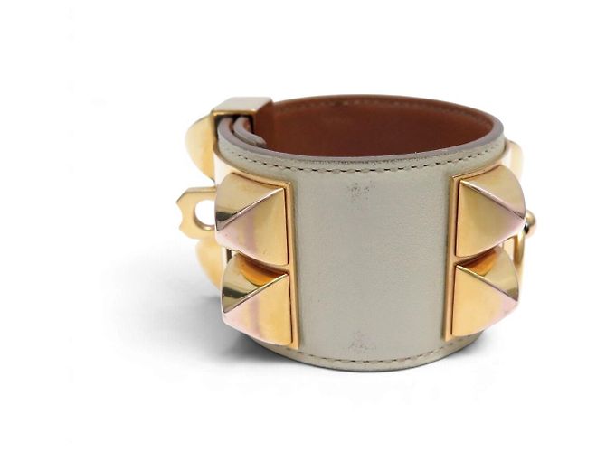 Hermès BRASLETE HERMES COLLIER DE CHIEN S 14-17CM CUERO SWIFT CREME & DORE BANGLE - vista 2