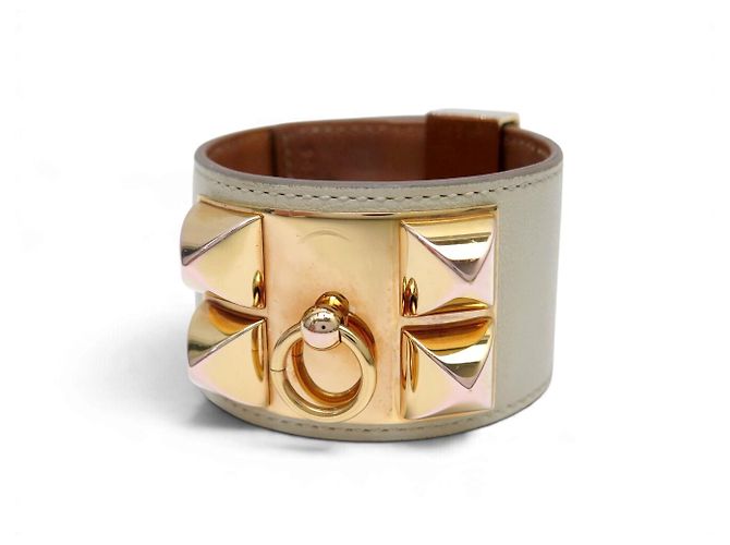 Hermès BRASLETE HERMES COLLIER DE CHIEN S 14-17CM CUERO SWIFT CREME & DORE BANGLE - vista 3