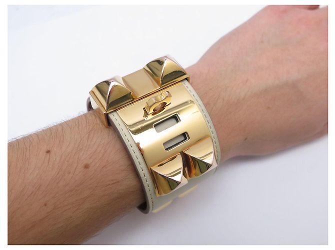 Hermès BRASLETE HERMES COLLIER DE CHIEN S 14-17CM CUERO SWIFT CREME & DORE BANGLE - vista 7