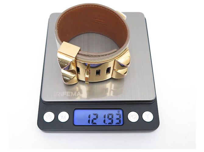 Hermès BRASLETE HERMES COLLIER DE CHIEN S 14-17CM CUERO SWIFT CREME & DORE BANGLE - vista 8