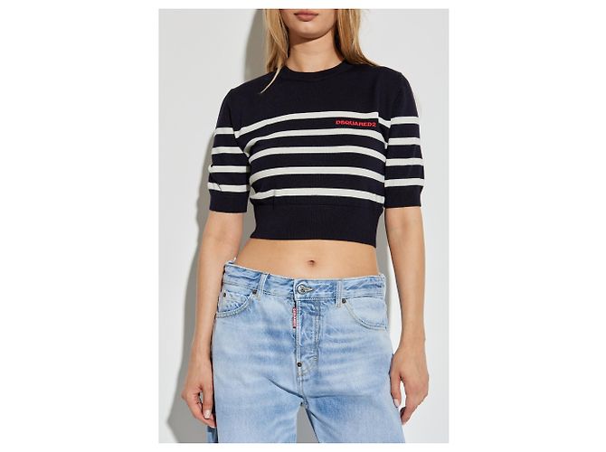 Dsquared2 Woll-Top mit Streifen in Navy Blau - Ansicht 3