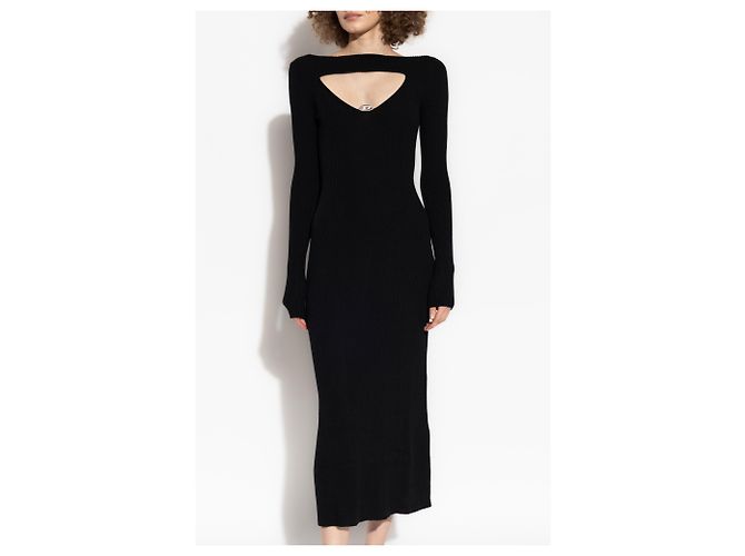 Diesel M-OLONI Kleid aus schwarzem Rippstrick Midi - Ansicht 3