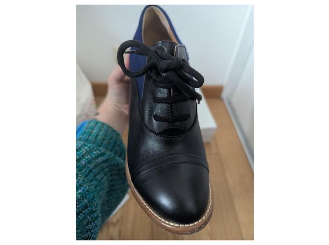 Chloé ankle boots in black leather and blue wool - view 10