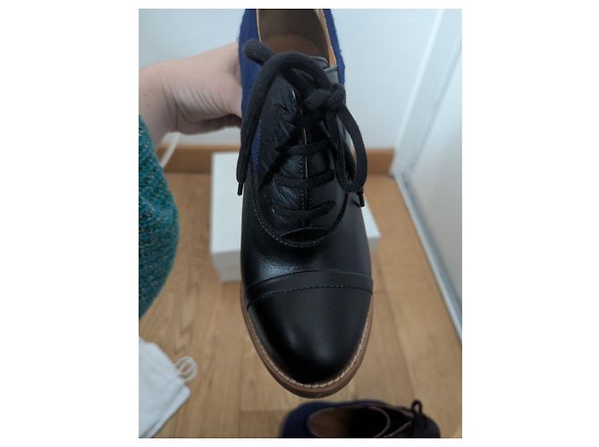 Chloé ankle boots in black leather and blue wool - view 11