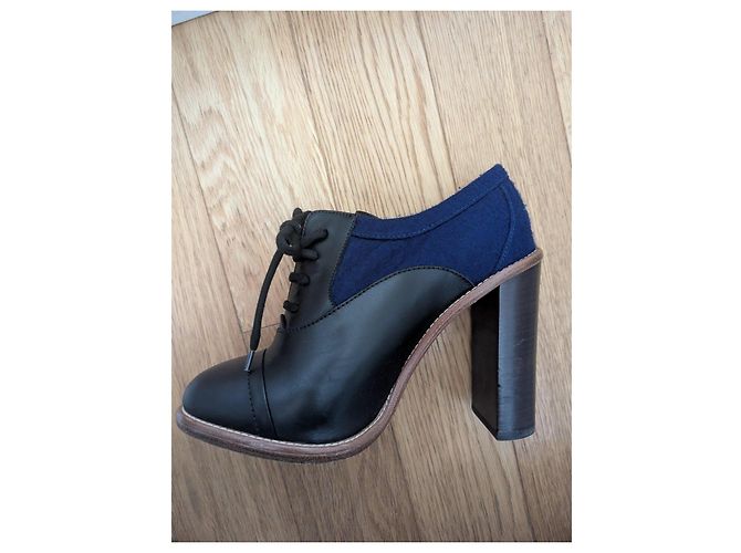 Chloé ankle boots in black leather and blue wool - view 3