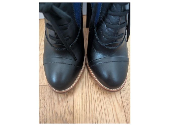 Chloé ankle boots in black leather and blue wool - view 4