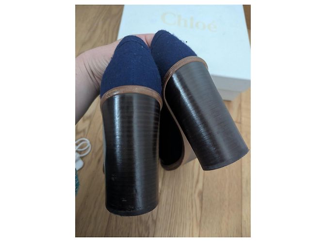 Chloé ankle boots in black leather and blue wool - view 5
