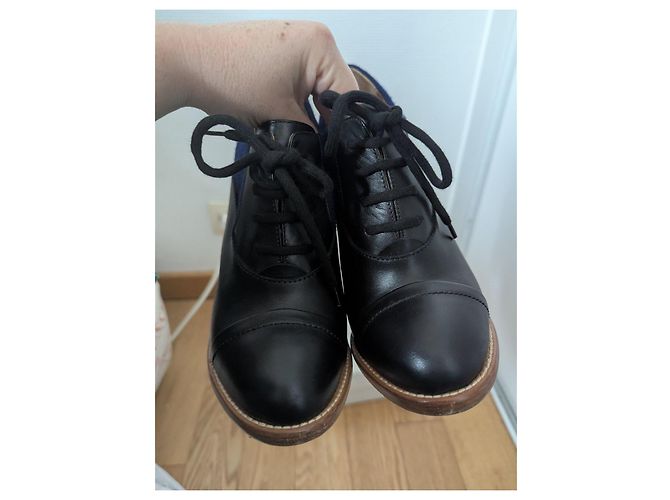 Chloé ankle boots in black leather and blue wool - view 7