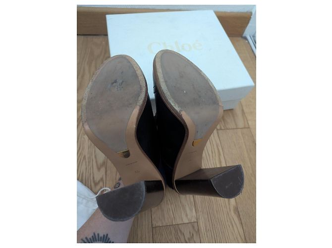 Chloé ankle boots in black leather and blue wool - view 8