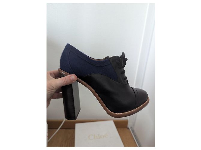 Chloé ankle boots in black leather and blue wool - view 9