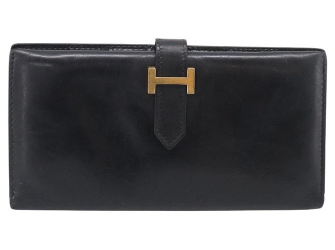 Hermès HERMES Bean Long Wallet Leather Black Gold Tone Auth bs37904 - Jerrillo - vista 2