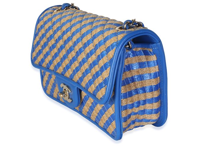 Borsa Chanel Blue Raffia Jute Striped Small Urban Jungle Single Flap Bag - vista 3