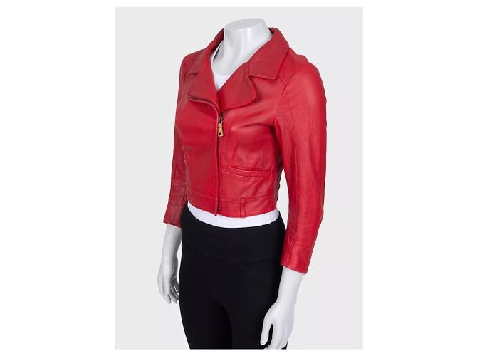 Giacca cropped Prada in pelle d'agnello rossa con hardware dorato Taglia 42 Usata - vista 2