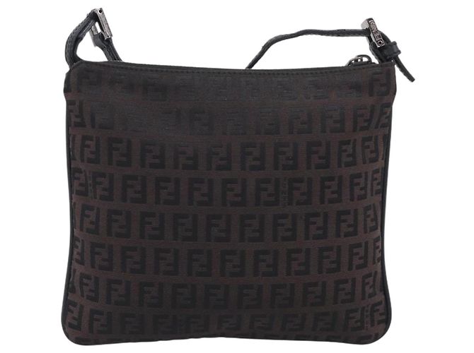 FENDI Zucchino Canvas Shoulder Bag Dark Brown Silver Auth mr3155 - Jerrillo - vista 3
