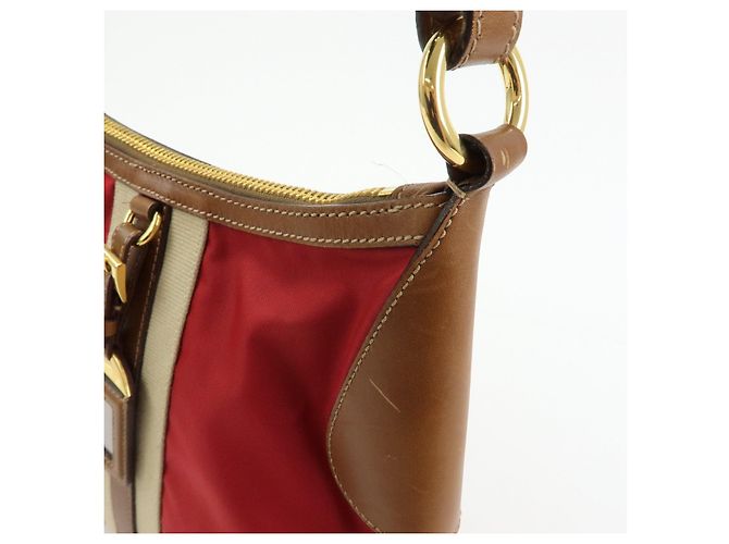 Borsa a tracolla in nylon e pelle con logo triangolare PRADA Rosso Beige Marrone - vista 14