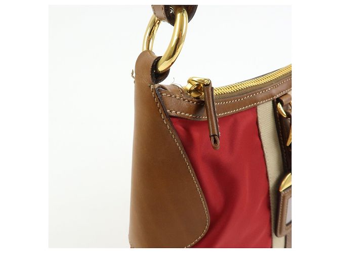 Borsa a tracolla in nylon e pelle con logo triangolare PRADA Rosso Beige Marrone - vista 15