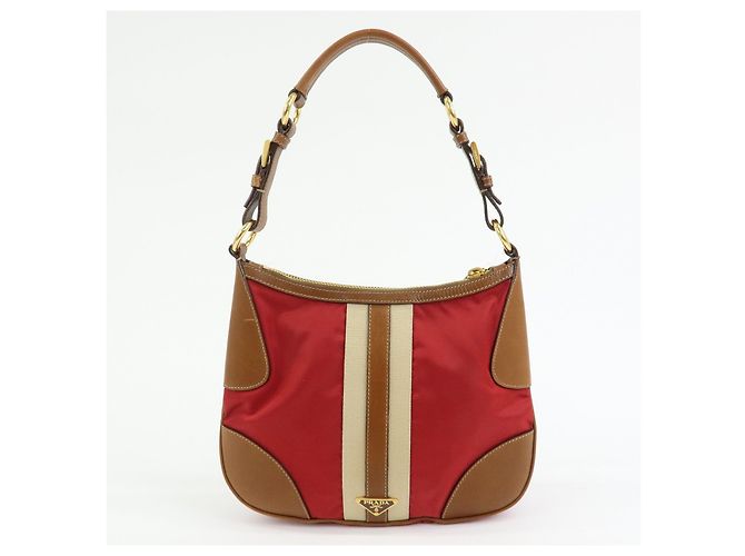 Borsa a tracolla in nylon e pelle con logo triangolare PRADA Rosso Beige Marrone - vista 2