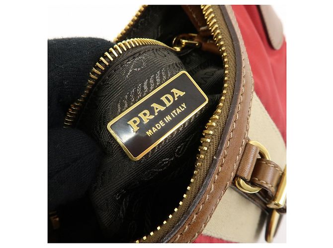 Borsa a tracolla in nylon e pelle con logo triangolare PRADA Rosso Beige Marrone - vista 24