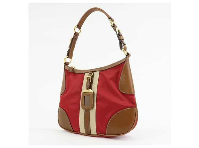 Borsa a tracolla in nylon e pelle con logo triangolare PRADA Rosso Beige Marrone - vista 3